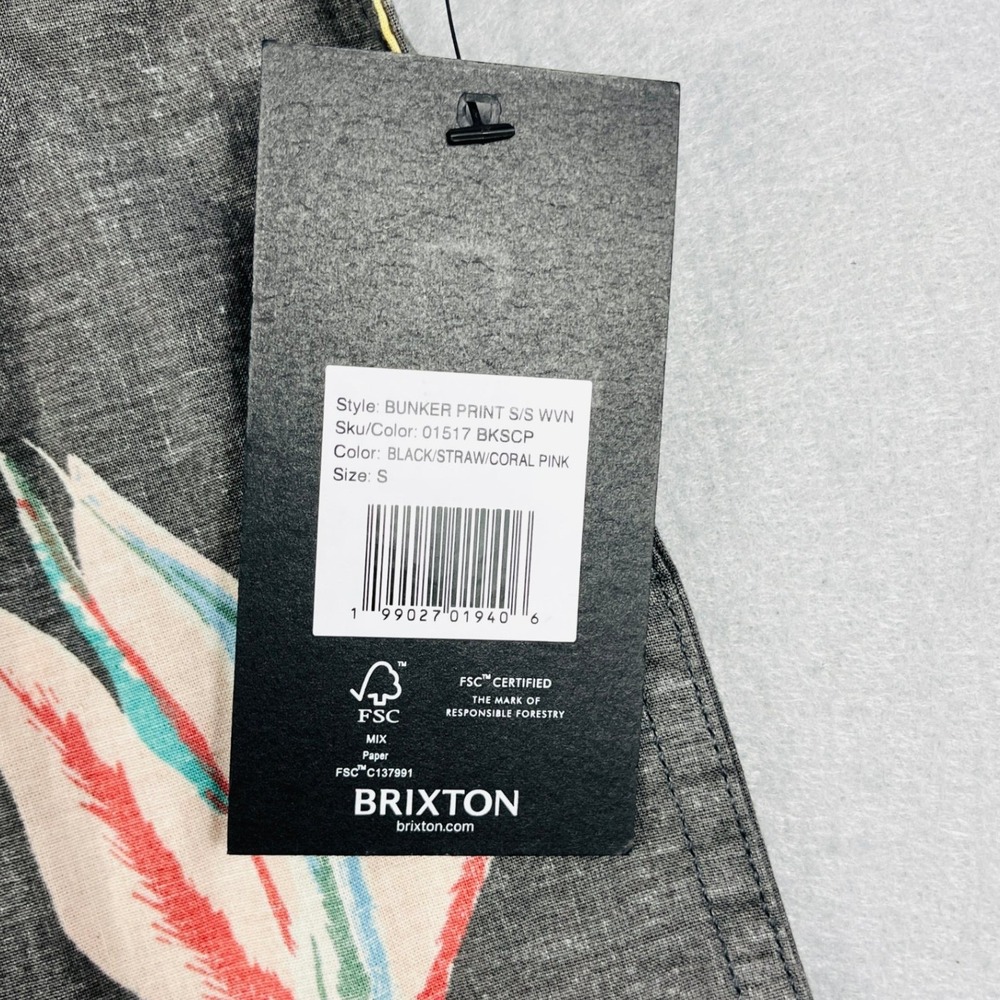 Brixton Bunker Print Mens Small Black Flamingo Bird of Paradise SS Button Shirt - Picture 3 of 5